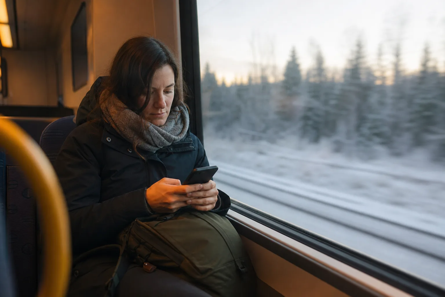 Person i fönstersätet på ett pendeltåg en morgon som skriver ett meddelande i mobilen med ryggsäcken i knät