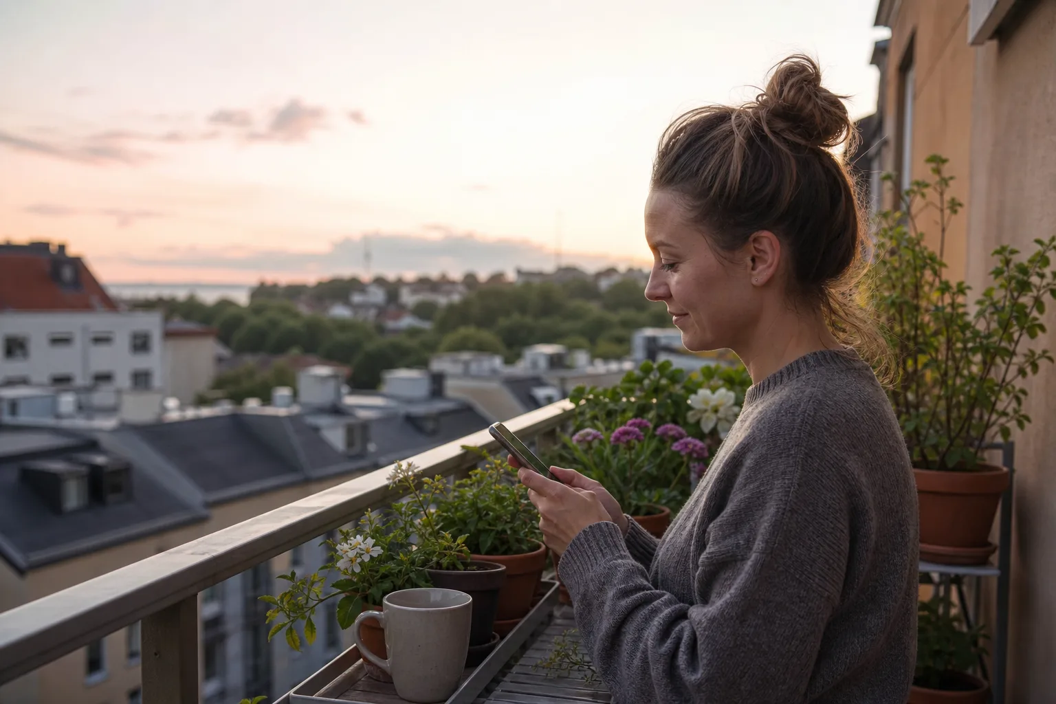 Kvinna sitter på en balkong i sommarkvällen med mobilen i handen och en tekopp bredvid sig