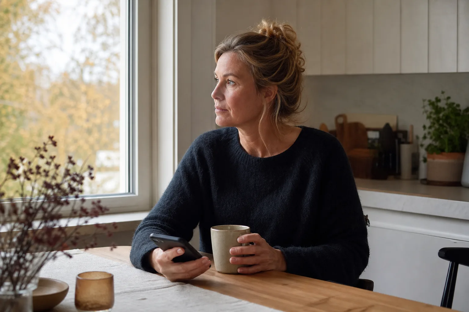 Person med kaffekopp som tittar på sin mobil vid ett köksbord i morgonljus