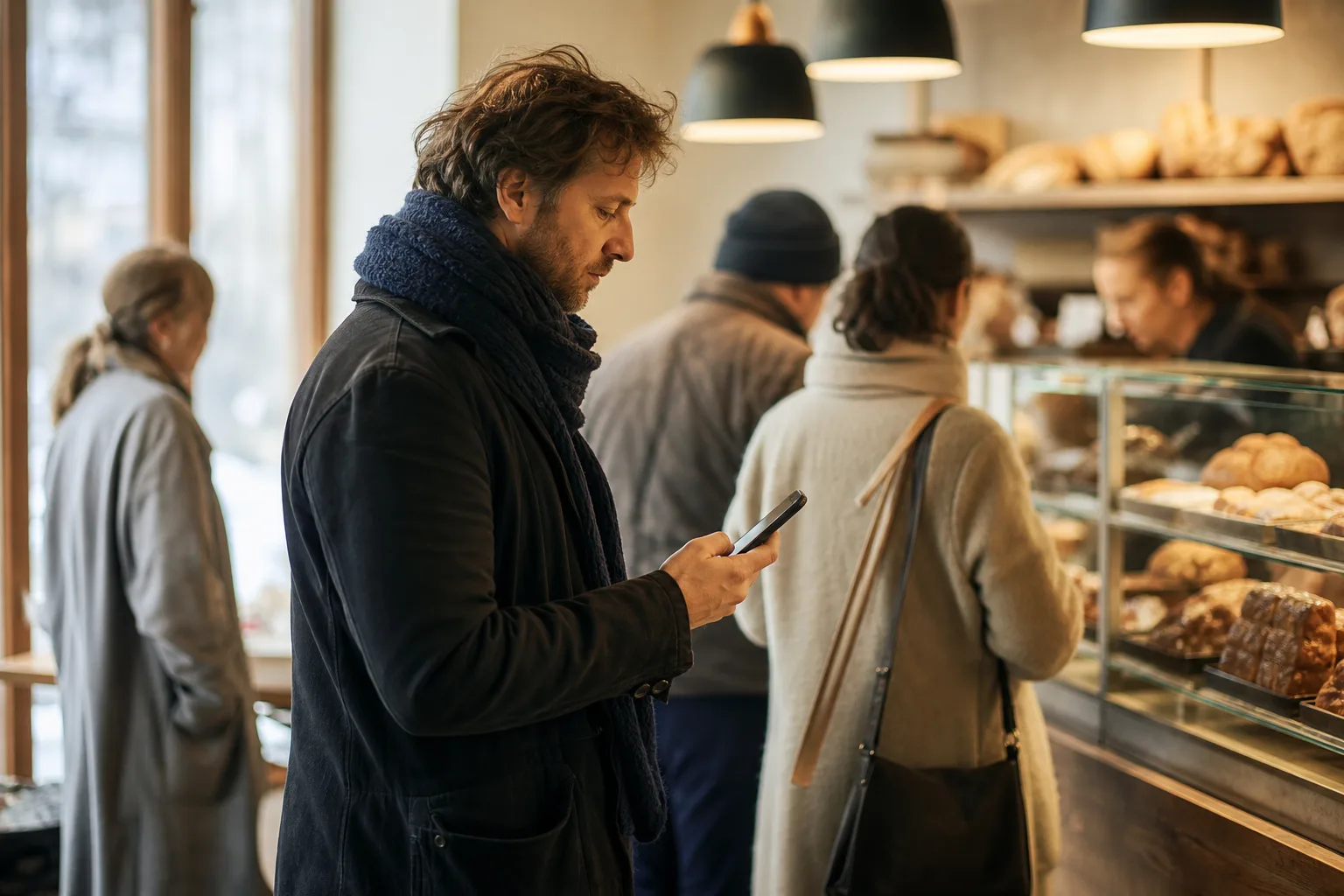 Person står i kön på ett stadsbageri en lördagsförmiddag med mobilen i handen medan andra kunder rör sig förbi