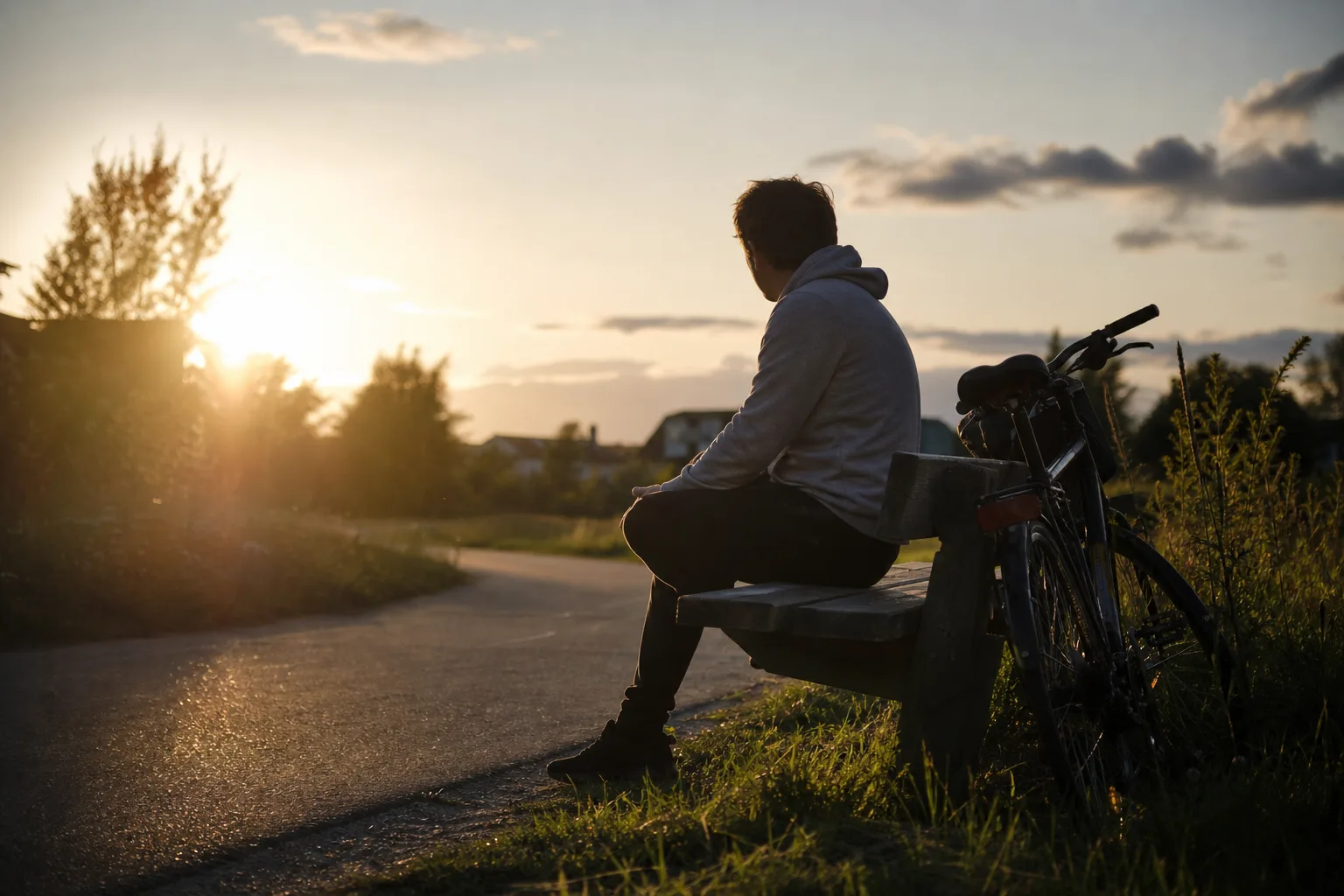 Person sitter på en parkbänk i sensommarkvällen och skriver på mobilen med en cykel lutad mot bänken
