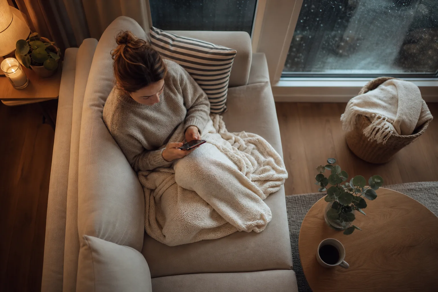 Kvinna sitter i soffan med mobilen i handen och en kopp kaffe på soffbordet