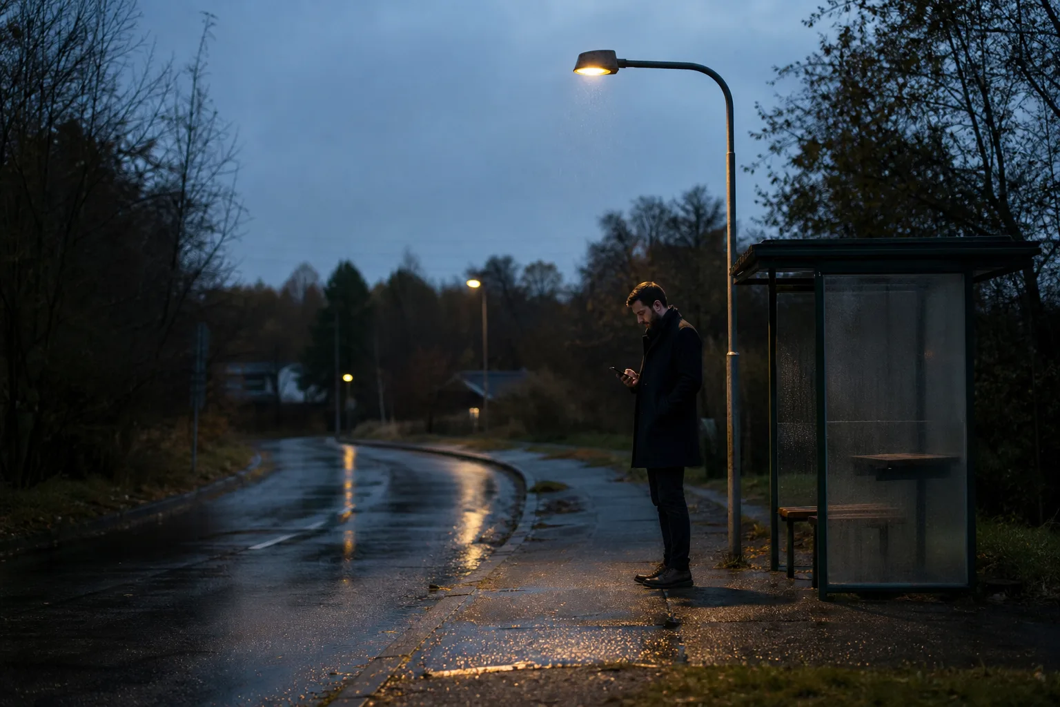 Person i jacka som väntar vid en hållplats i kvällsljus och tittar på sin mobil