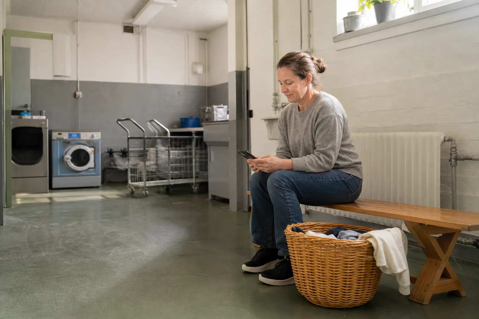 Person sitter på bänken i en tvättstuga med mobilen i handen medan maskinen går