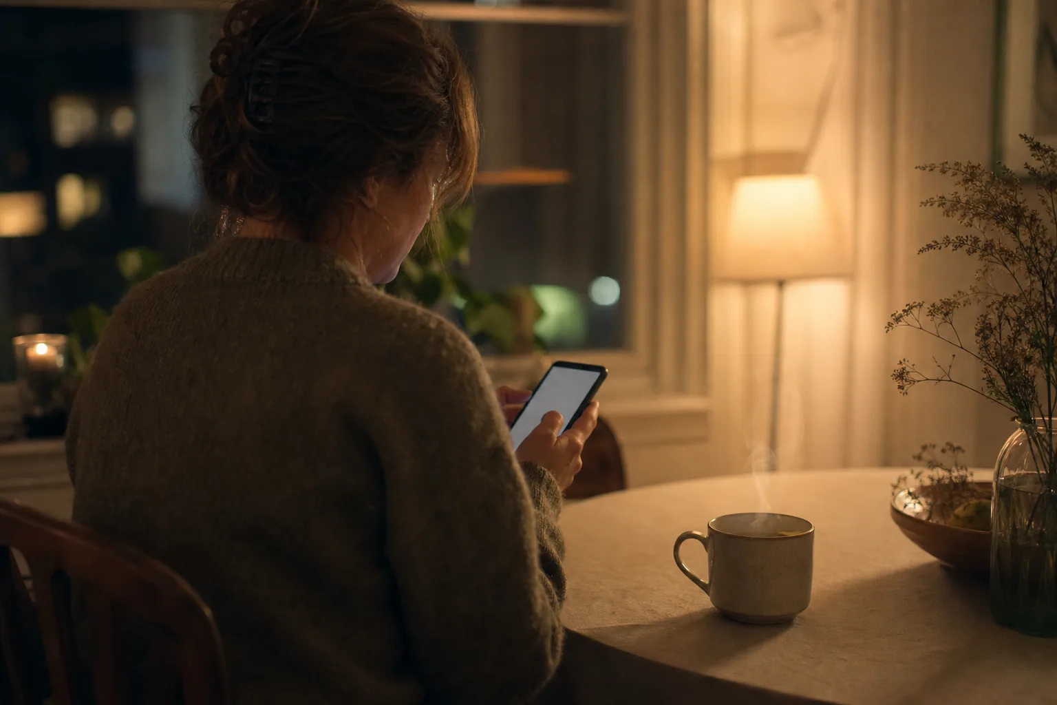 Person sitter vid köksbordet på kvällen och skriver ett kort meddelande i mobilen, med en kopp te bredvid
