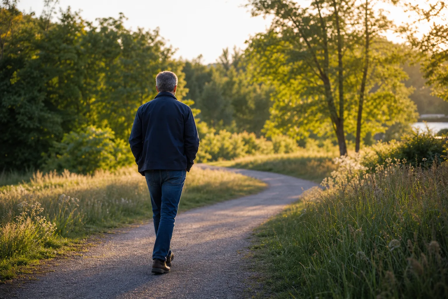 Person promenerar ensam i en park en ljus sommarkväll, med händerna i fickorna och blicken riktad framåt