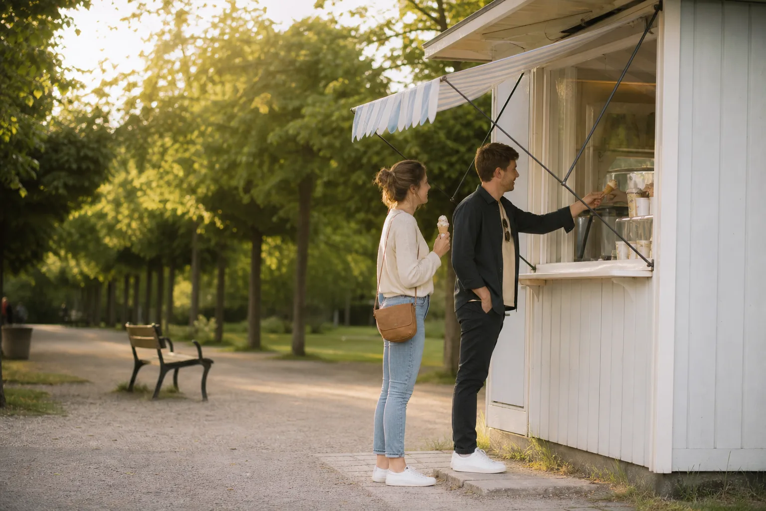 Två personer köper glass vid en kiosk i en park en ljus sommarkväll, med en trädallé och en bänk i bakgrunden