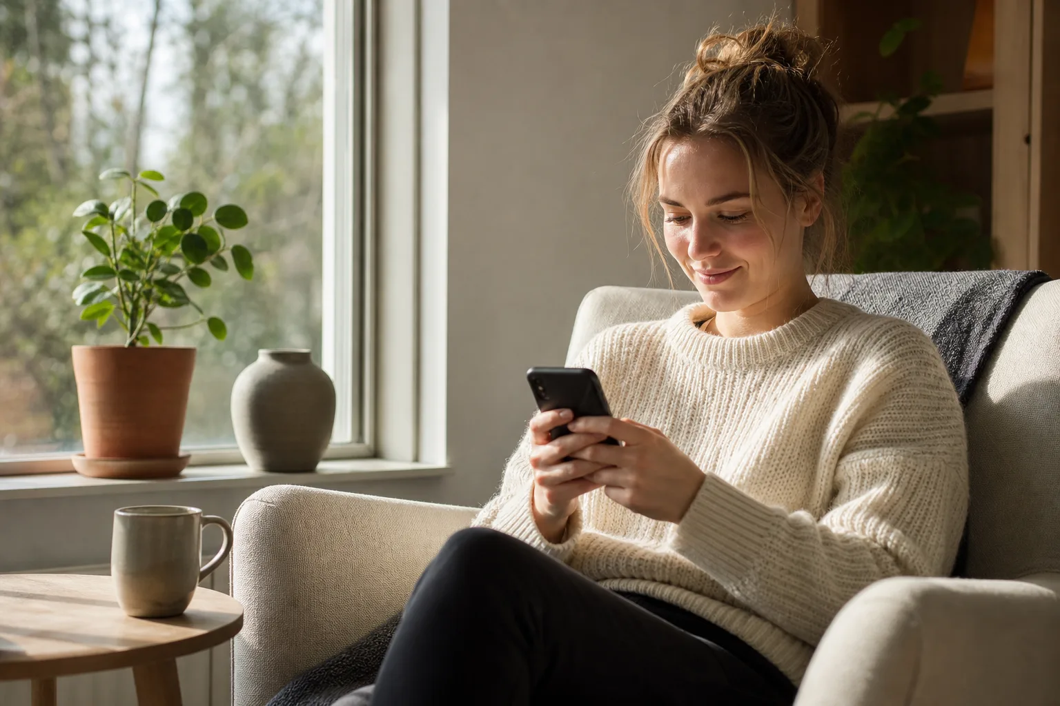 Person sitter i soffan hemma en förmiddag med mobilen i handen och ler för sig själv medan hen skriver ett meddelande