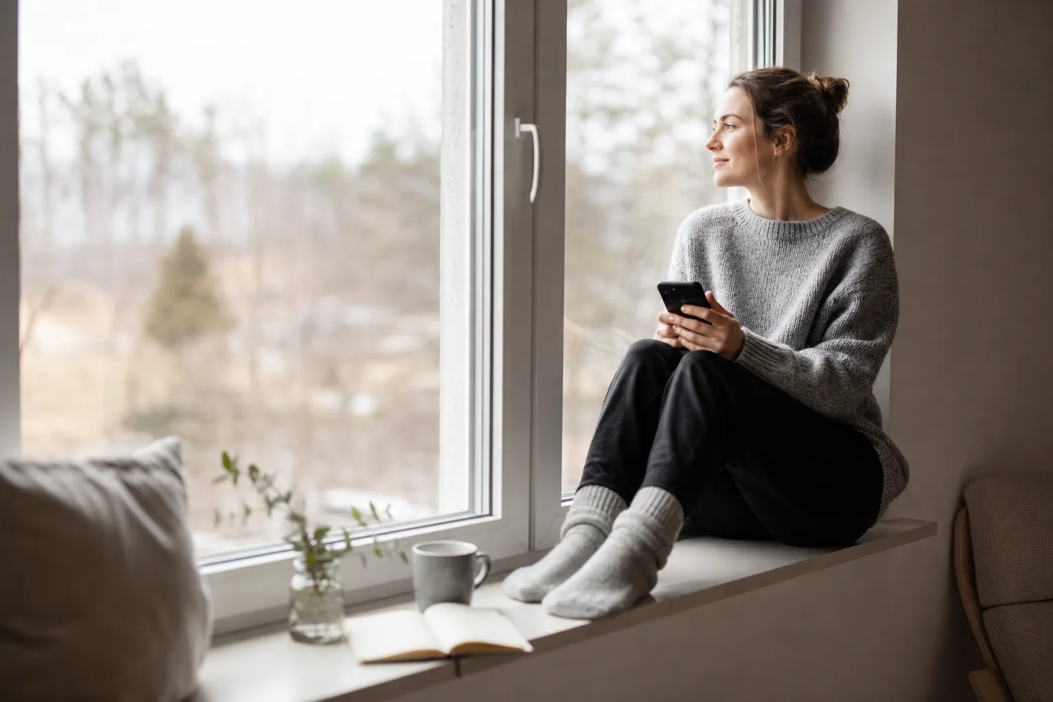 Person sitter i en fönstersmyg hemma en förmiddag med mobilen i handen och en anteckningsbok uppslagen bredvid en kopp kaffe