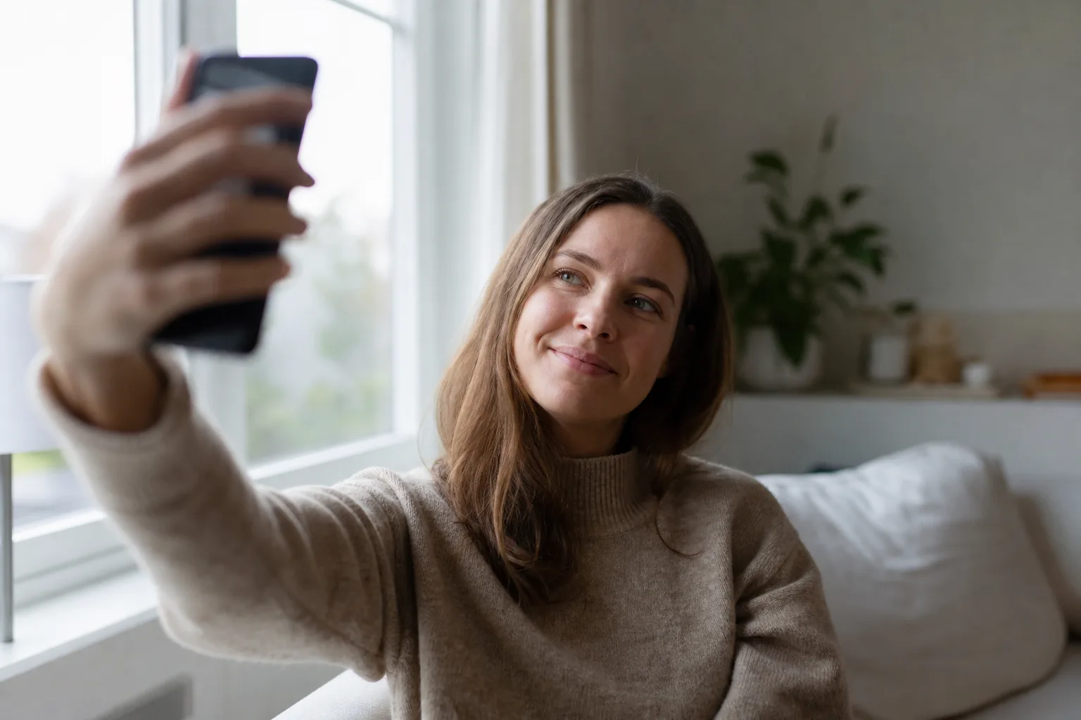 Person står vid ett fönster hemma i dagsljus och håller upp mobilen framför sig för att ta en bild, med ett avslappnat leende