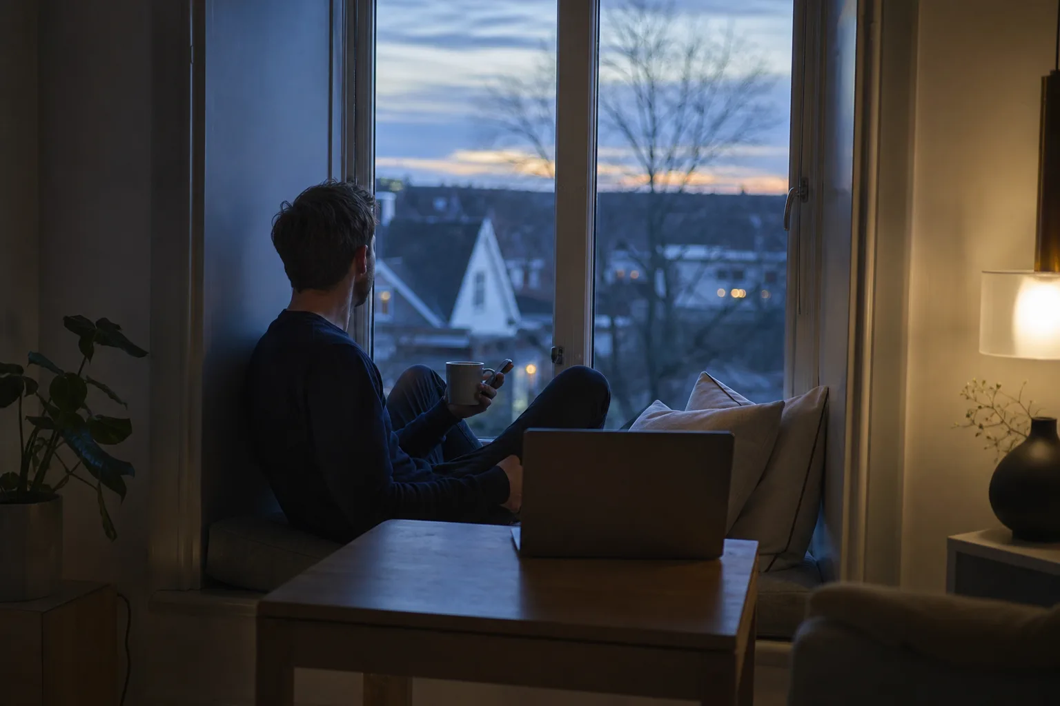 Person i soffhörnet med kaffekopp och mobil i handen, med en uppfälld bärbar dator på soffbordet framför sig.