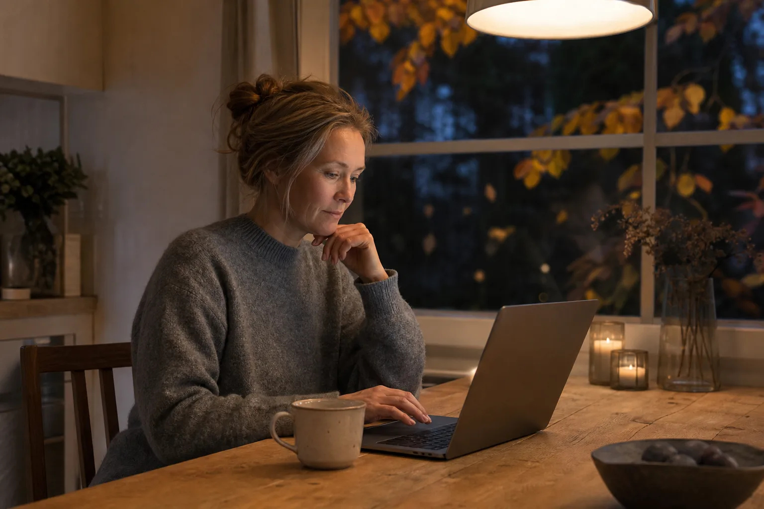 Kvinna vid ett köksbord i kvällsljus som jämför dejtingsajter på en laptop