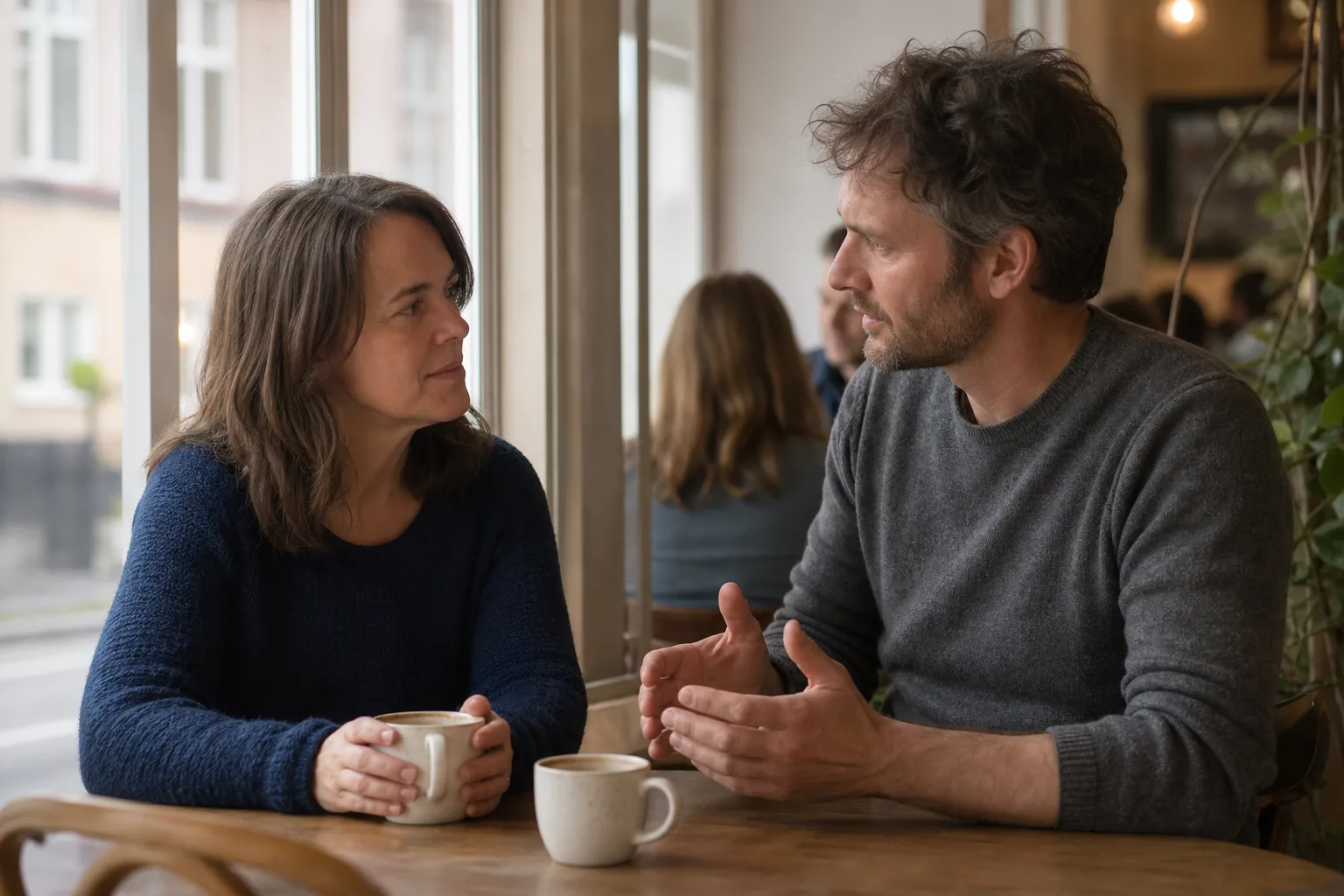 Två personer i samtal över varsin kaffekopp vid ett fönsterbord på ett kafé en eftermiddag