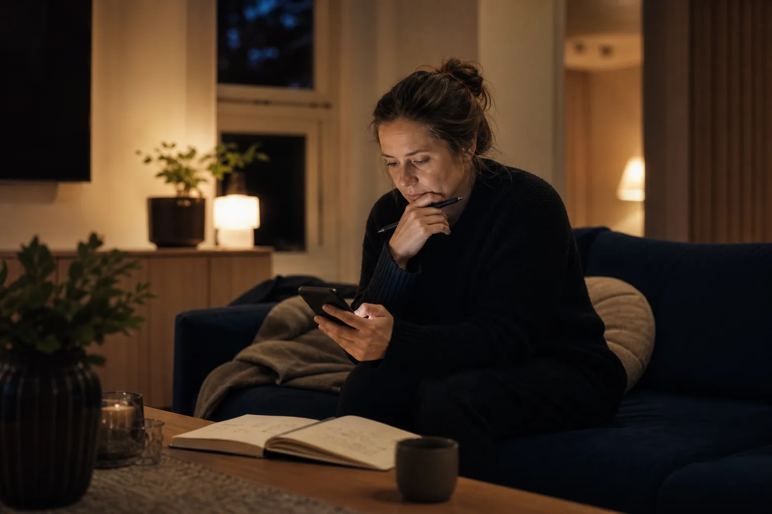 Kvinna i soffan en kväll med telefonen i handen och ett anteckningsblock där hon skrivit ner vad hon söker i en dejtingtjänst