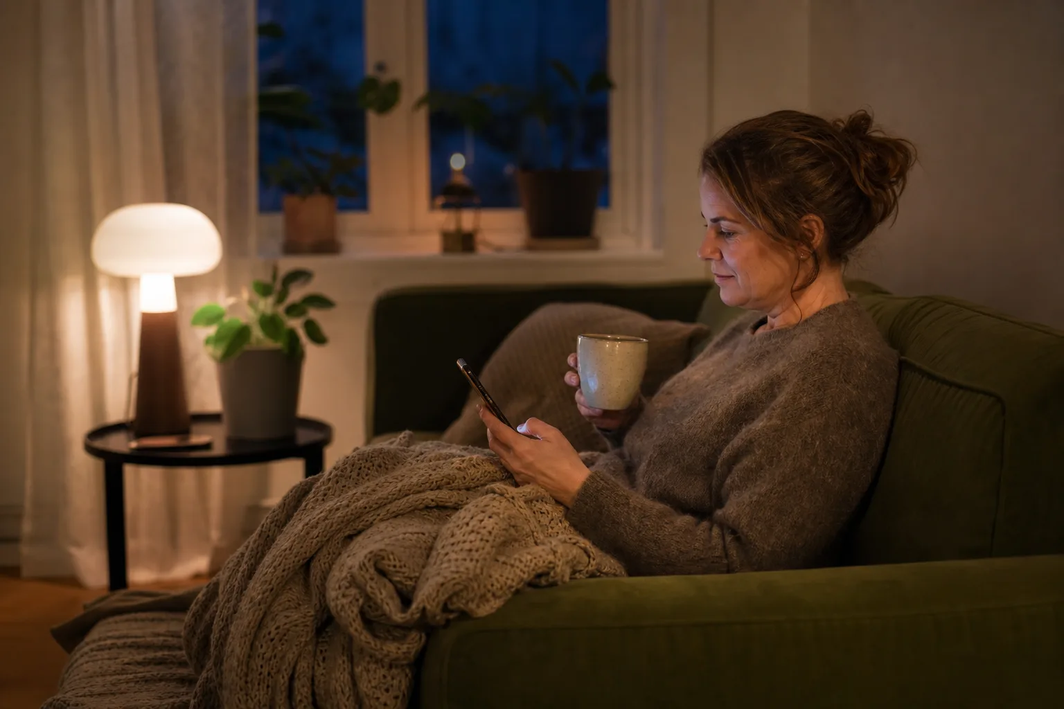 Kvinna sitter i soffan med en kopp kaffe och tittar på sin mobil en tidig kväll