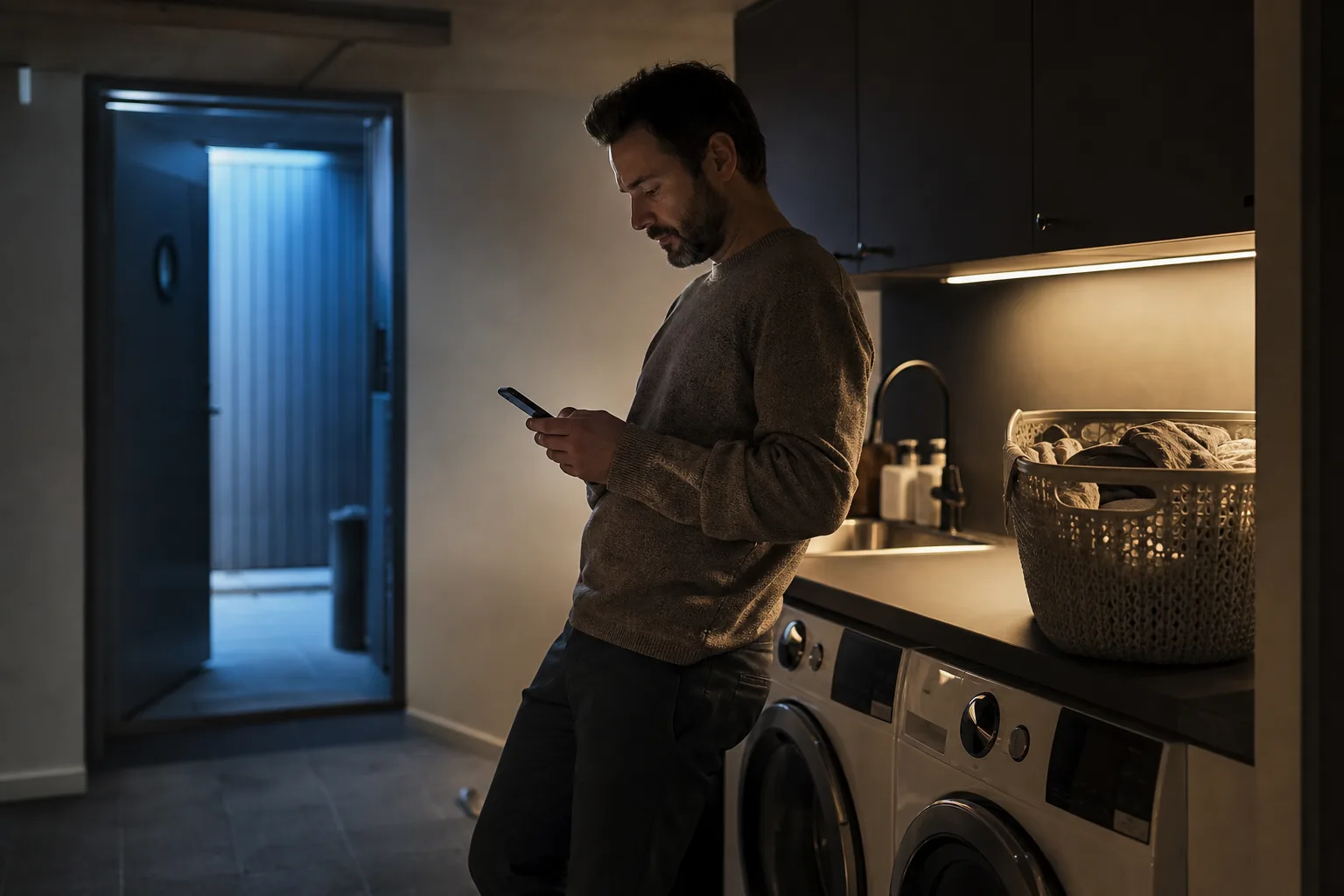 Person i trettiofemårsåldern sitter på en bänk i en tvättstuga med tvättkorgen bredvid sig och mobilen i handen medan maskinen går