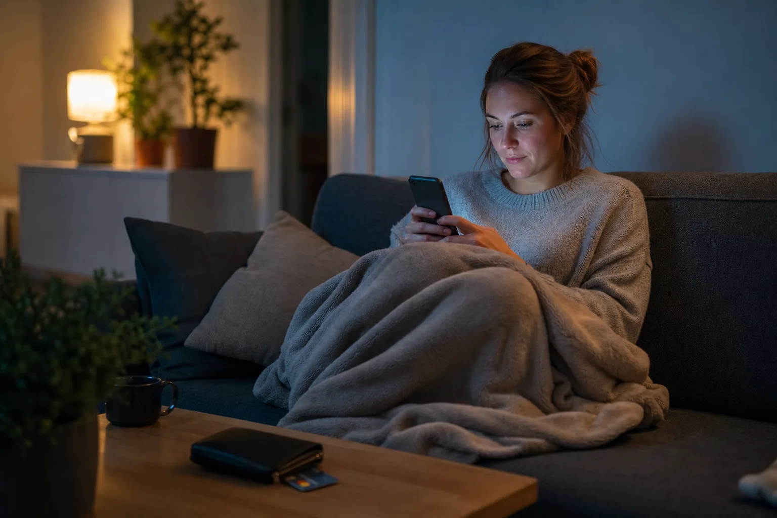 Kvinna i trettiofemårsåldern sitter i soffan med mobilen i handen och betalkortet kvar i plånboken på soffbordet
