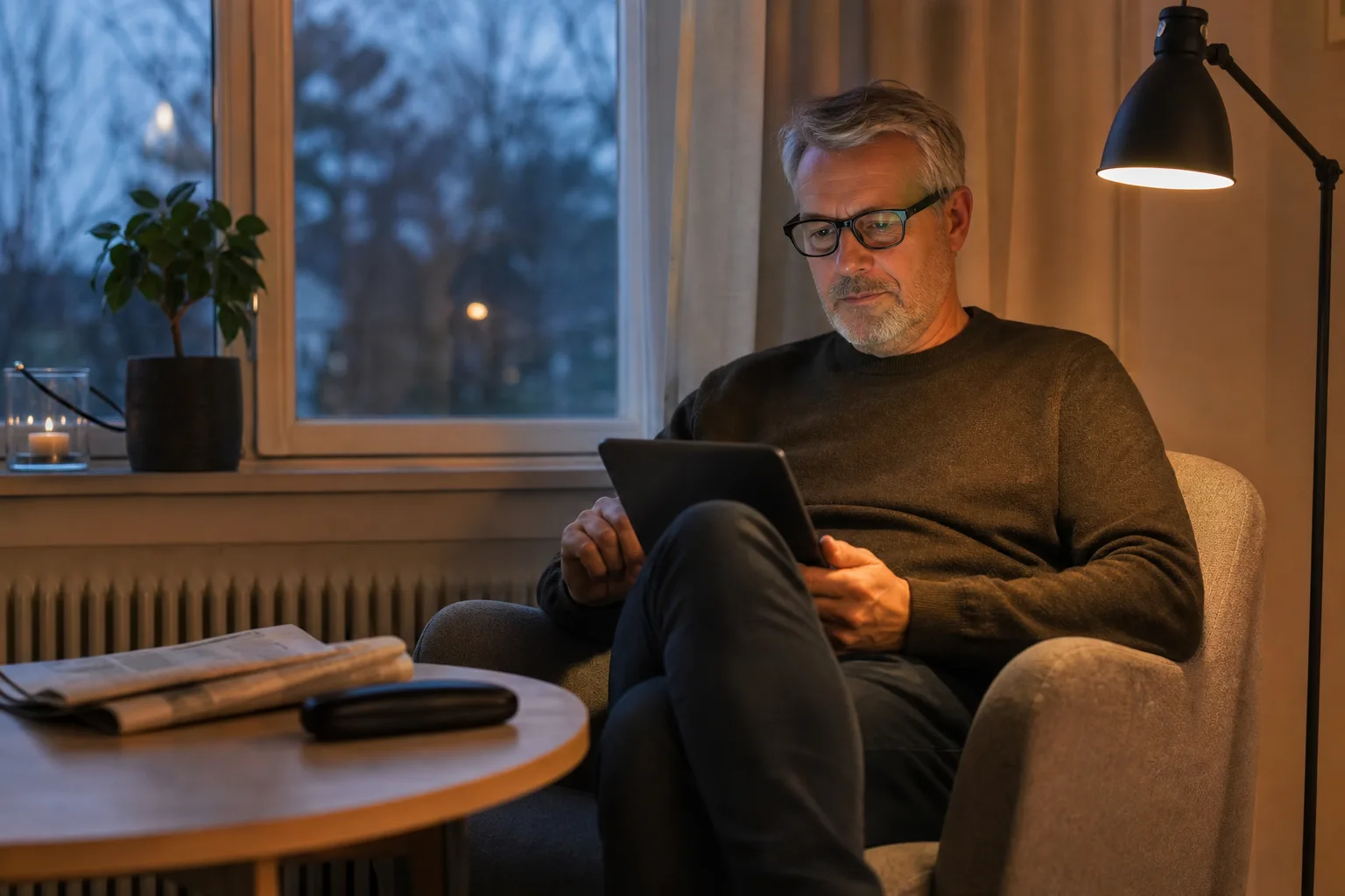 Man i femtioårsåldern sitter i en fåtölj med surfplattan i knät en tidig kväll och läser igenom två dejtingprofiler