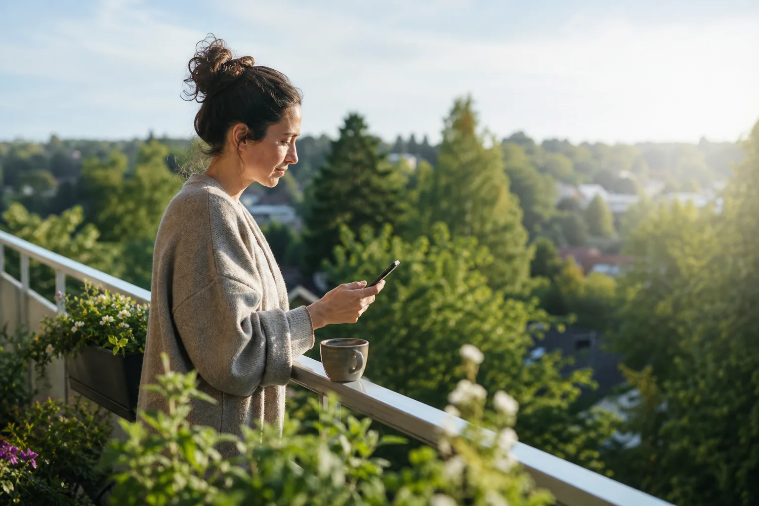 Kvinna i fyrtioårsåldern sitter på en balkong en ljus förmiddag med mobilen i handen och en kaffekopp på räcket bredvid