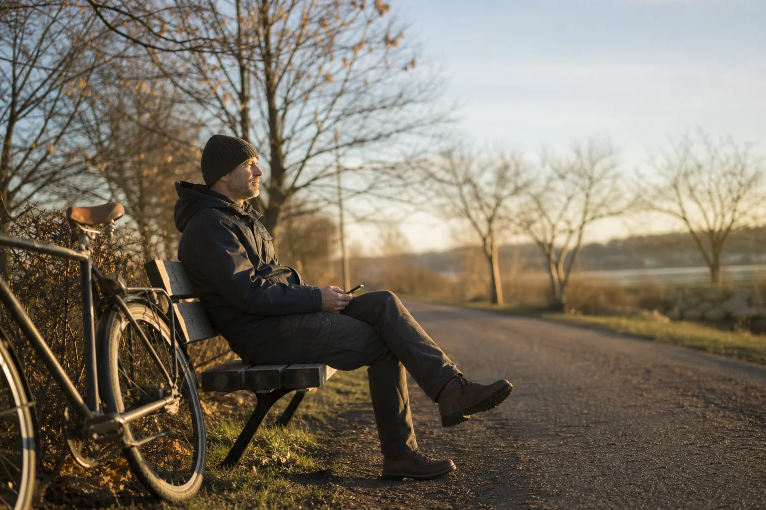 Man i fyrtioårsåldern sitter på en parkbänk i sensommarljus med mobilen i knät och cykeln lutad bredvid