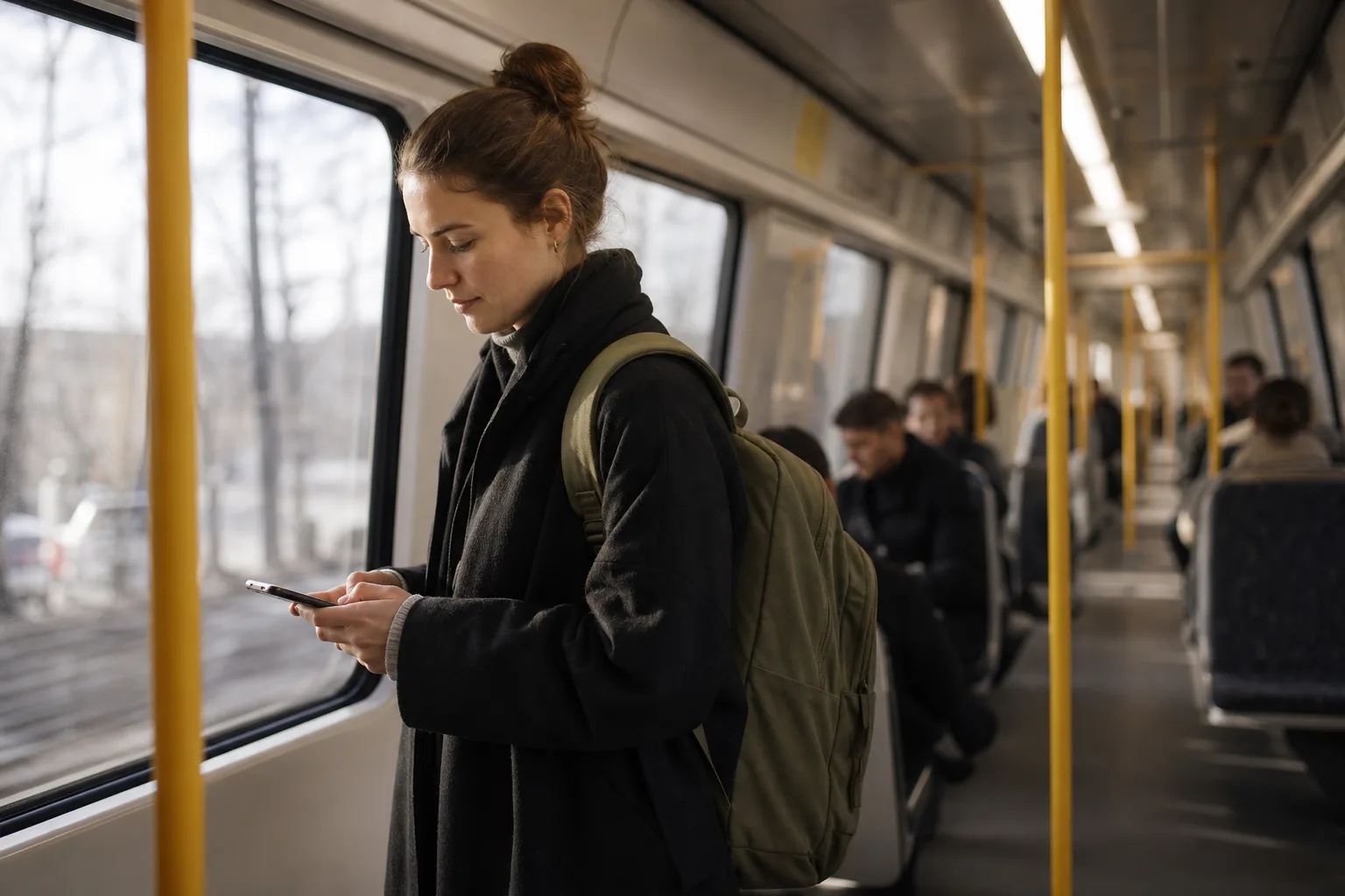 Kvinna i tjugofemårsåldern står i en tunnelbanevagn på morgonen med ryggsäcken på axeln och mobilen i handen