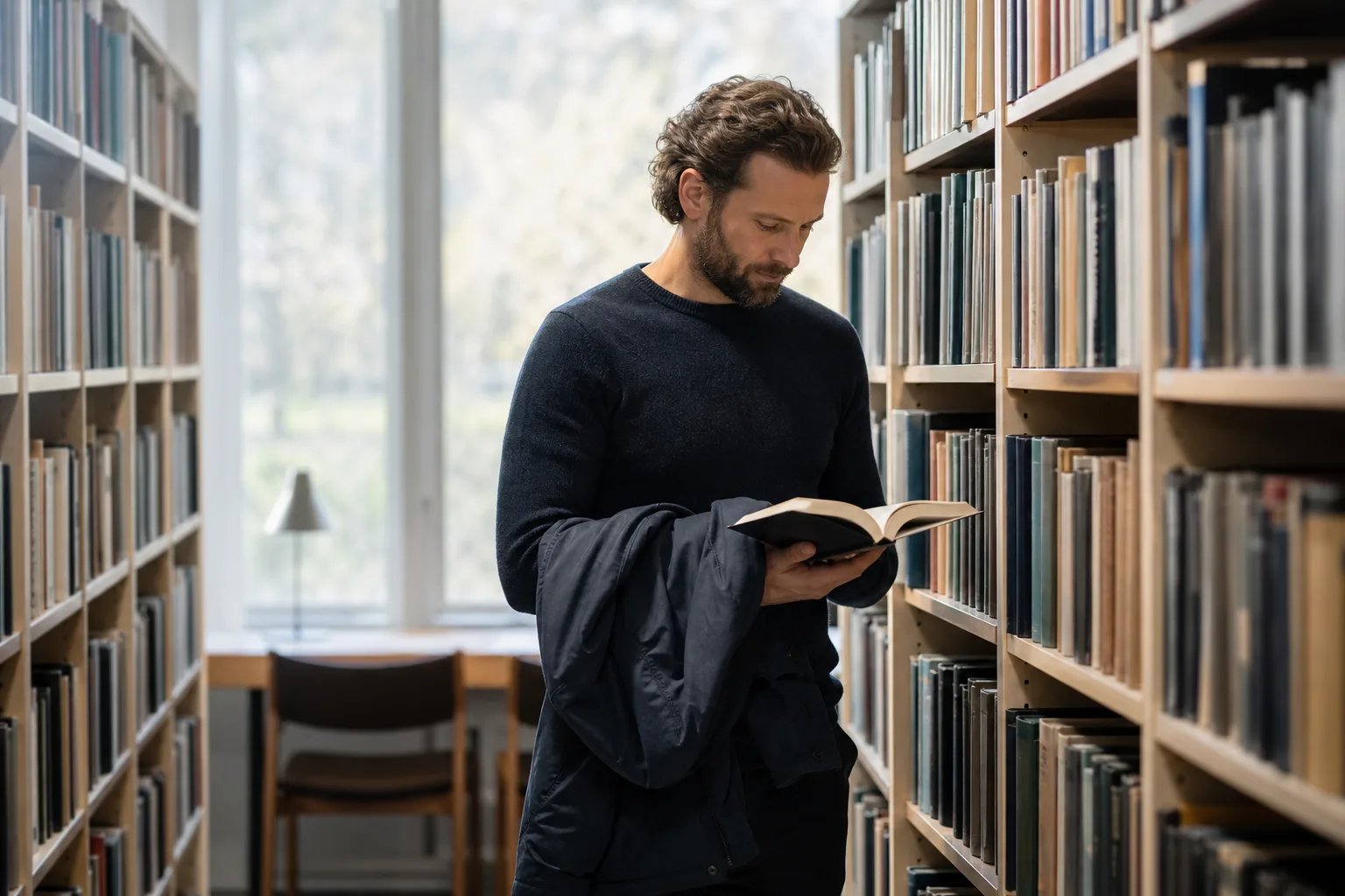 En person står mellan bokhyllorna på ett bibliotek i dagsljus, bläddrar i en uppslagen bok och har jackan över armen