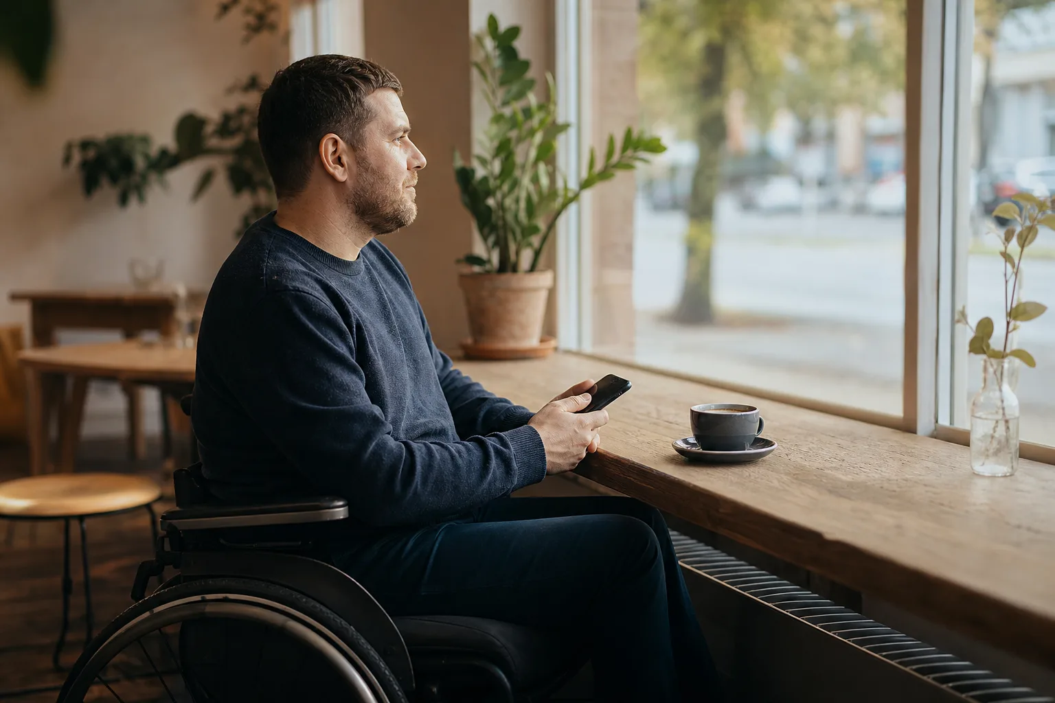 Person i rullstol sitter vid ett fönsterbord på ett kafé med mobilen i handen och skriver ett meddelande en ljus förmiddag