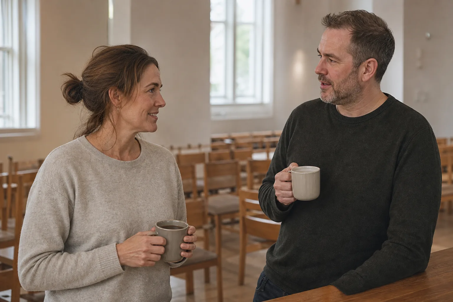 Två personer står och samtalar med varsin kaffemugg i en ljus församlingslokal efter gudstjänsten en söndagsförmiddag