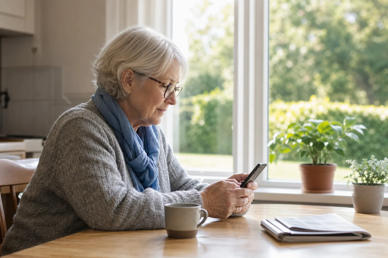 Äldre kvinna sitter vid köksbordet en solig förmiddag med en kaffekopp bredvid sig och läser lugnt på sin mobiltelefon