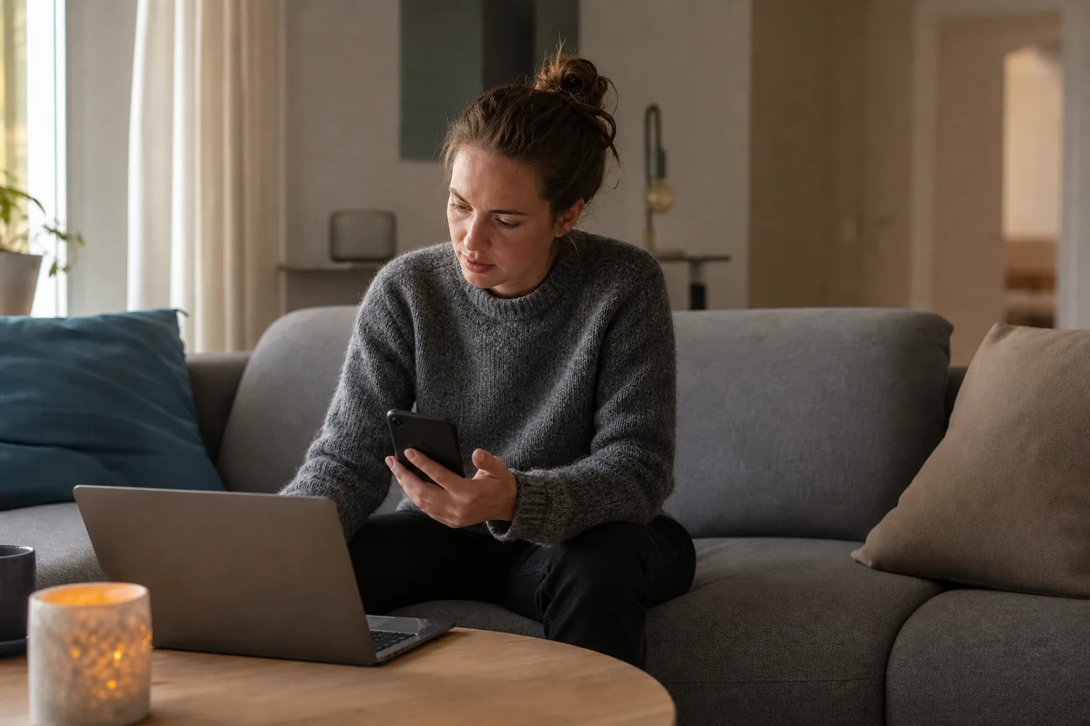 Person sitter i soffan en sen eftermiddag med mobilen i ena handen och letar upp ett kvitto i mejlen, med en bärbar dator uppslagen på soffbordet