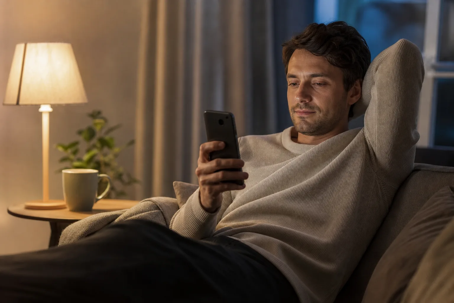 Man i trettioårsåldern sitter i soffan en sen kväll med mobilen i handen och en tekopp på soffbordet