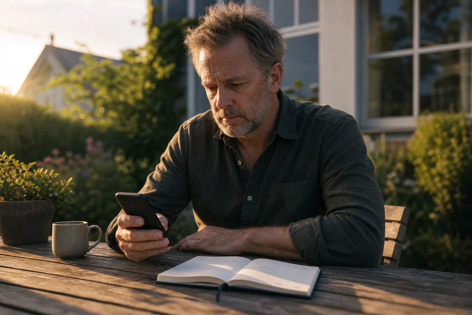 Man i femtioårsåldern sitter vid ett trädgårdsbord i augustikvällens sol med mobilen i ena handen och för in ett datum i en fickalmanacka