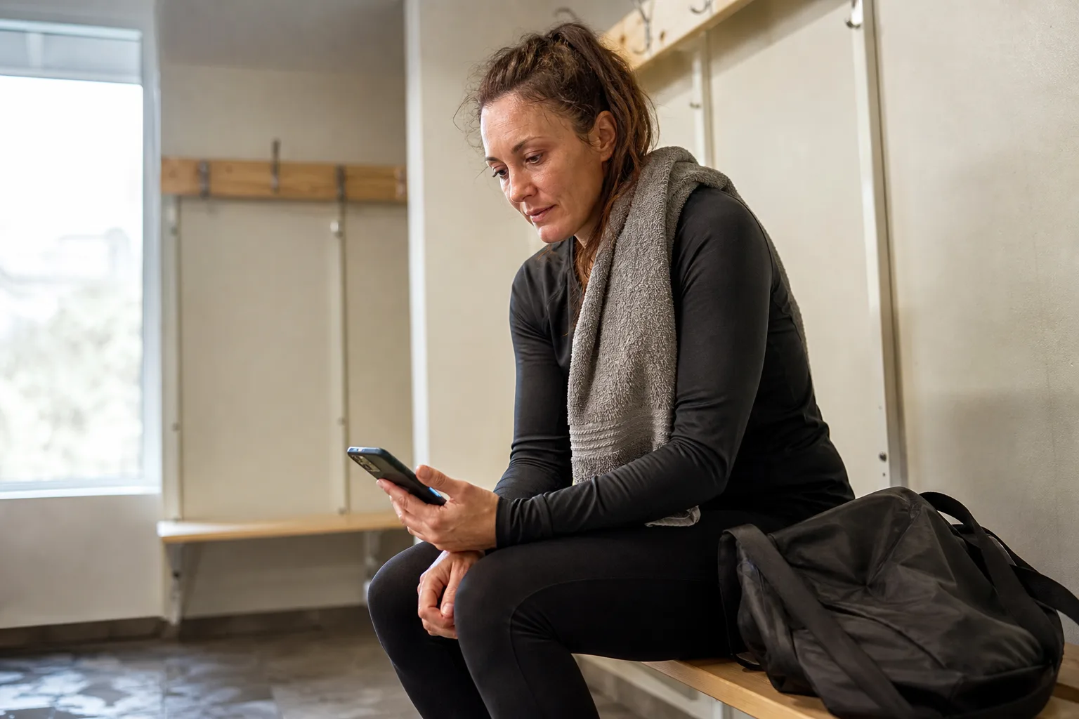 Kvinna i fyrtioårsåldern sitter på bänken i ett omklädningsrum efter träningen med sportbagen bredvid sig och mobilen i handen