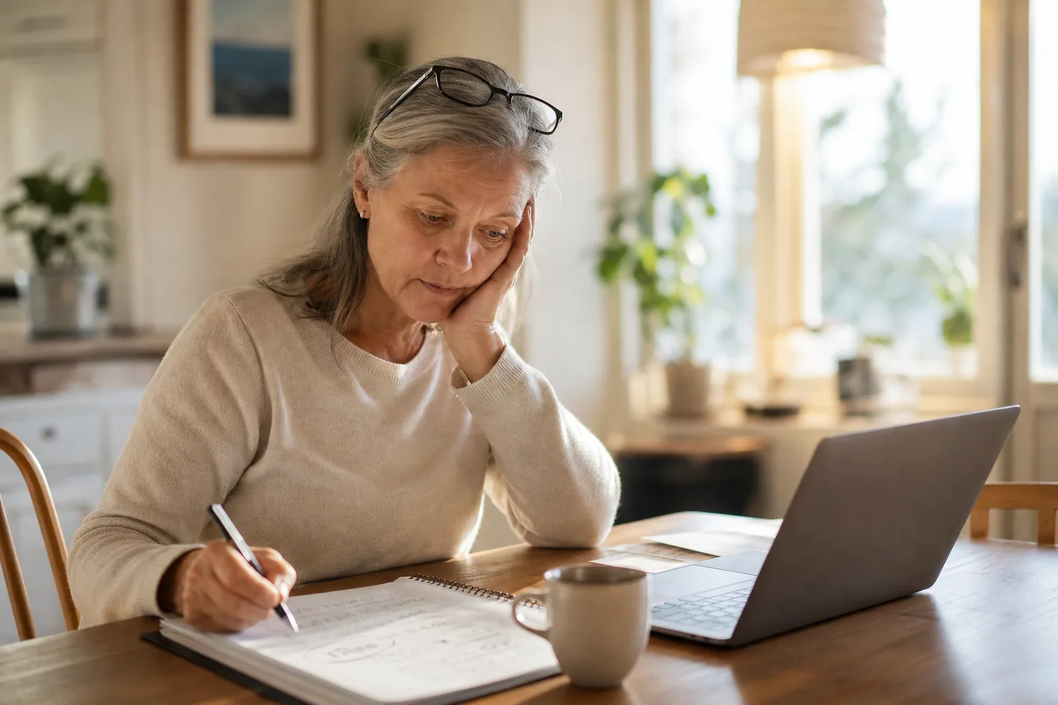 Kvinna i sextioårsåldern sitter vid köksbordet med laptop, kaffekopp och ett block där hon räknar på vad ett halvår kostar