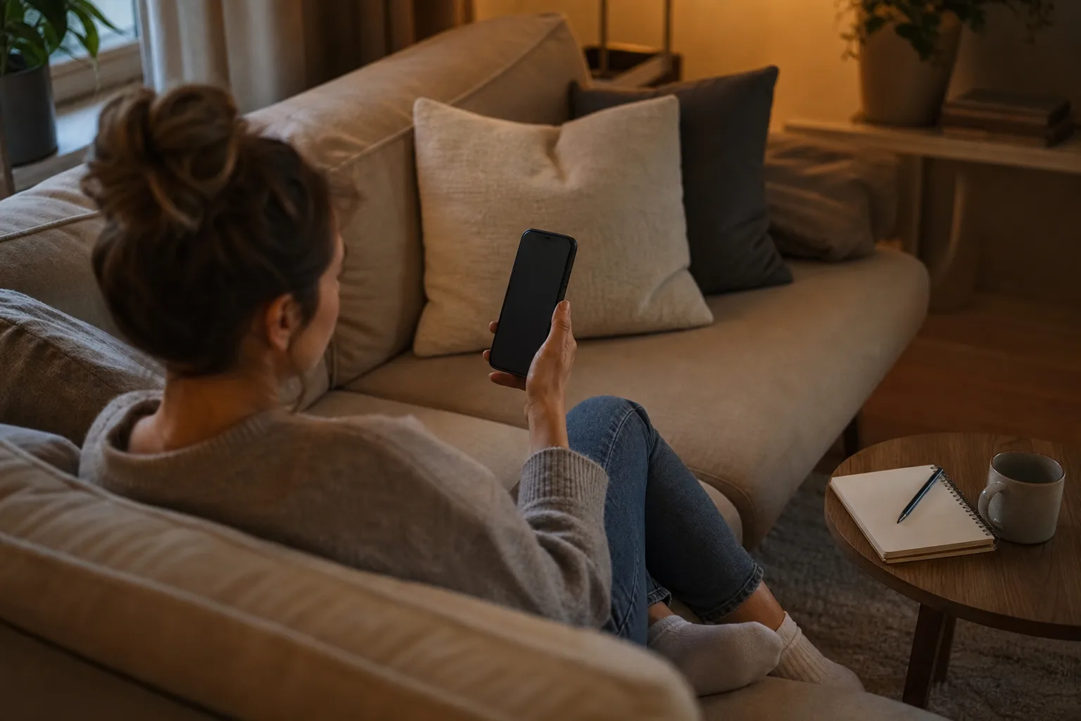 En person sitter i soffan en sen kväll och stänger av den automatiska förnyelsen i telefonens abonnemangsinställningar, med anteckningsappen öppen bredvid