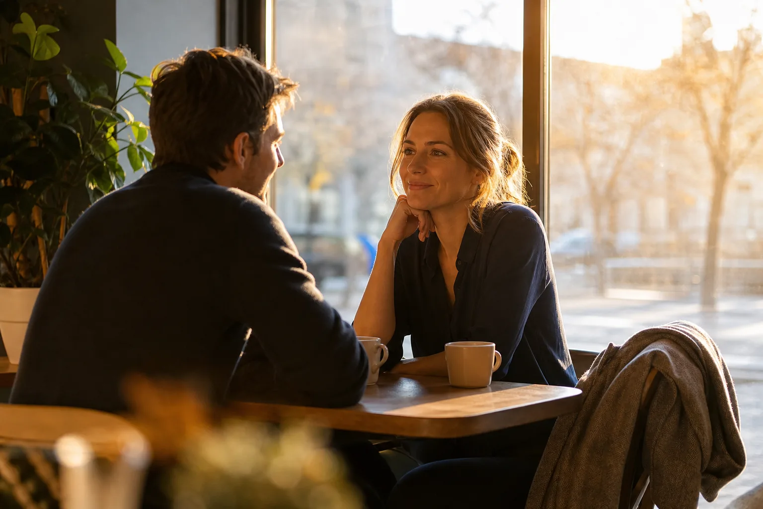 Två personer sitter mitt emot varandra vid ett fönsterbord på ett kafé i sen eftermiddagssol, med en kavaj över stolsryggen och två kaffekoppar mellan sig