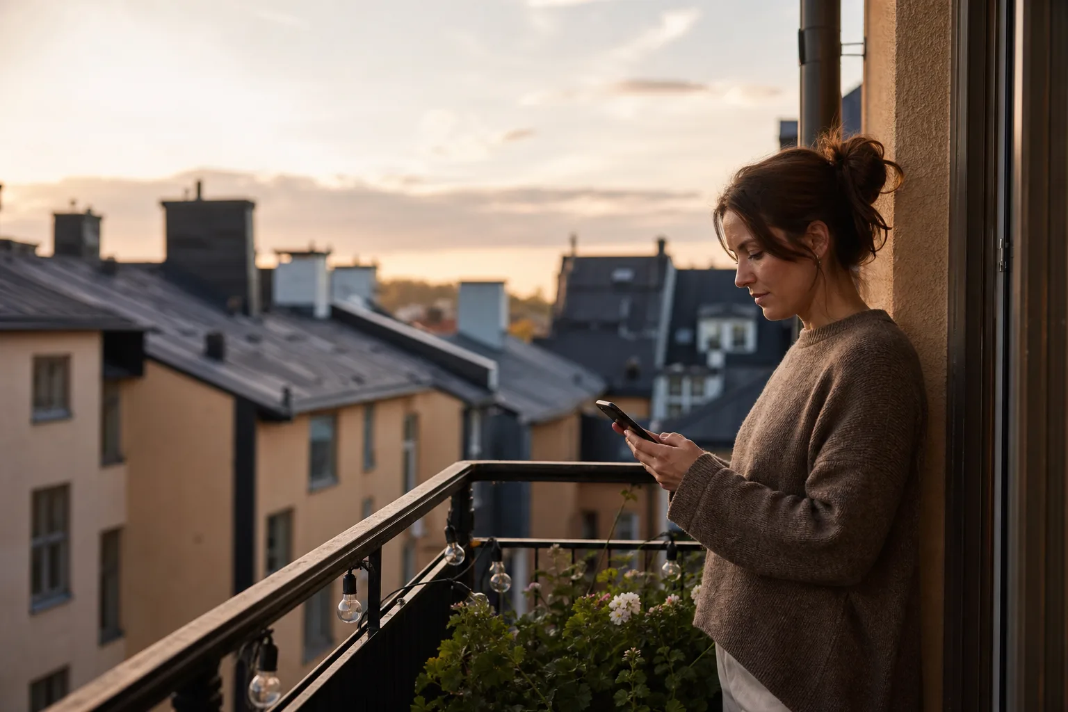 Kvinna i trettioårsåldern står på en balkong en ljus sommarkväll med telefonen i handen och stadens tak och skorstenar bakom sig