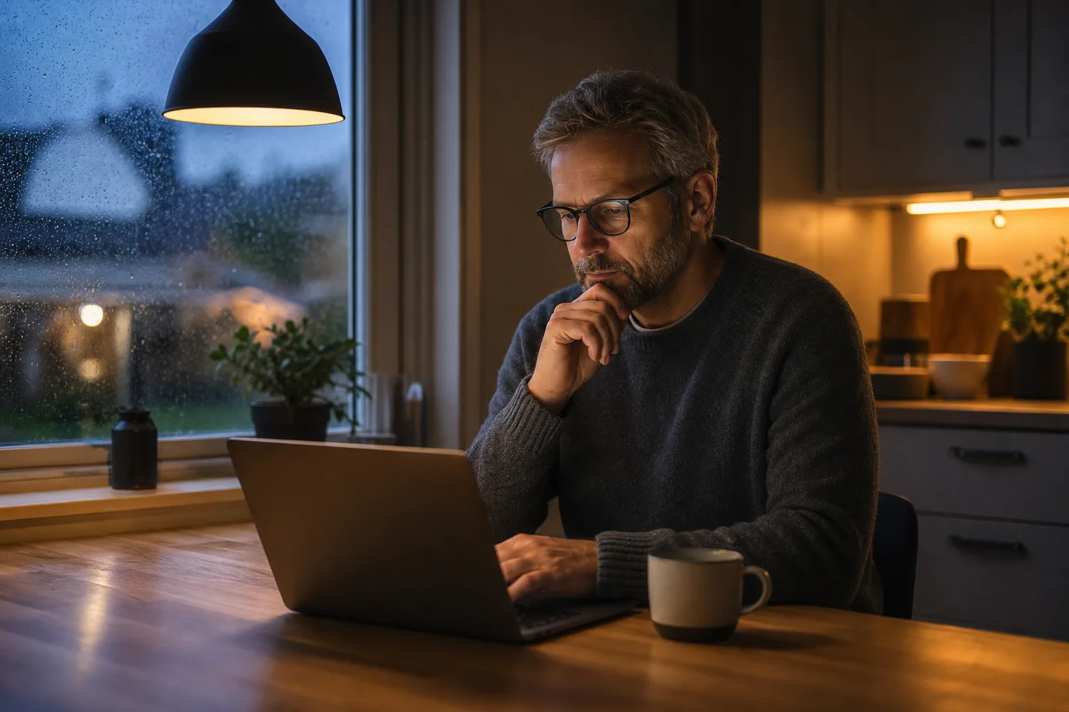 Man i femtioårsåldern sitter vid fönsterbordet i ett svenskt kök på kvällen med laptopen uppfälld och en tekopp bredvid tangentbordet