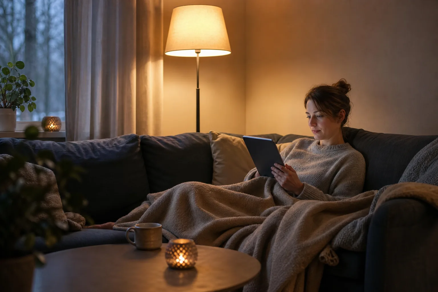 Person som sitter i soffhörnet en kväll med surfplattan i knät och en kopp te på soffbordet