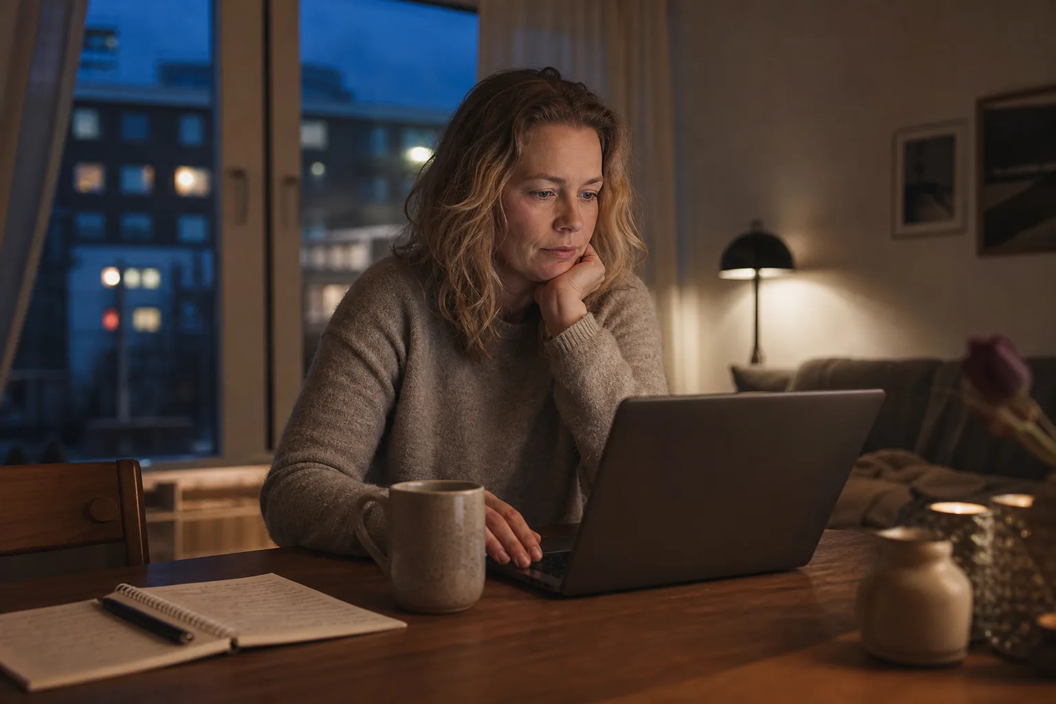 Kvinna vid köksbordet i en svensk lägenhet en tidig kväll, med laptopen uppfälld, en kaffekopp bredvid och ett anteckningsblock med några rader text