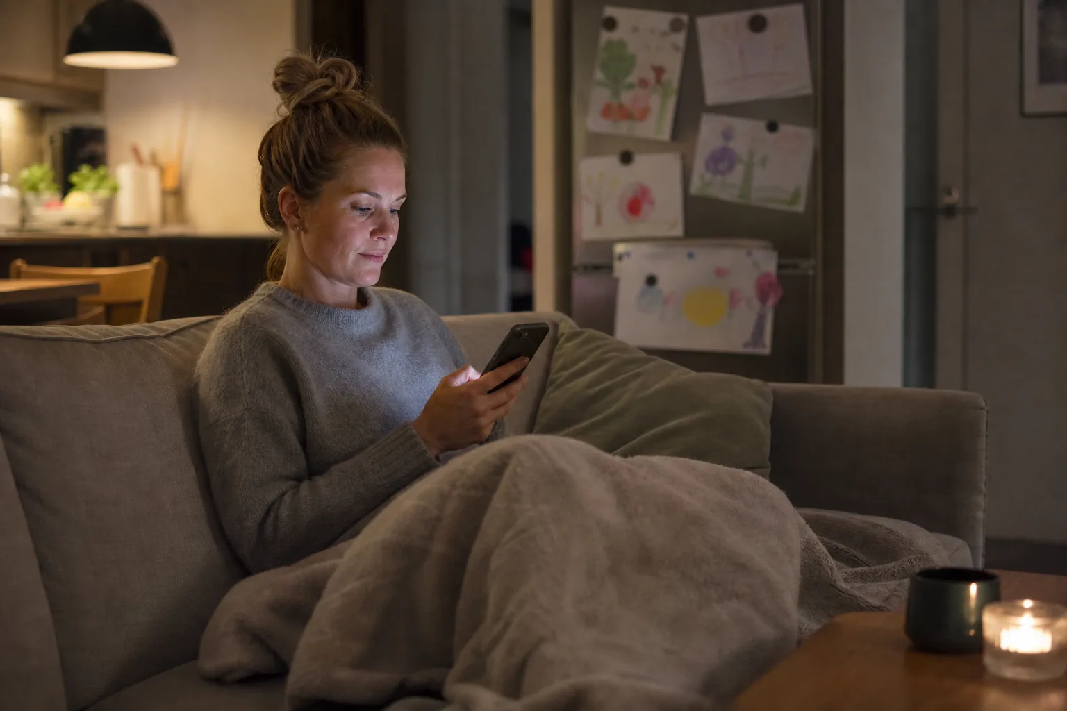 Förälder som sitter i soffan med en filt och mobilen i handen sent på kvällen, med barnens teckningar på kylskåpet i bakgrunden
