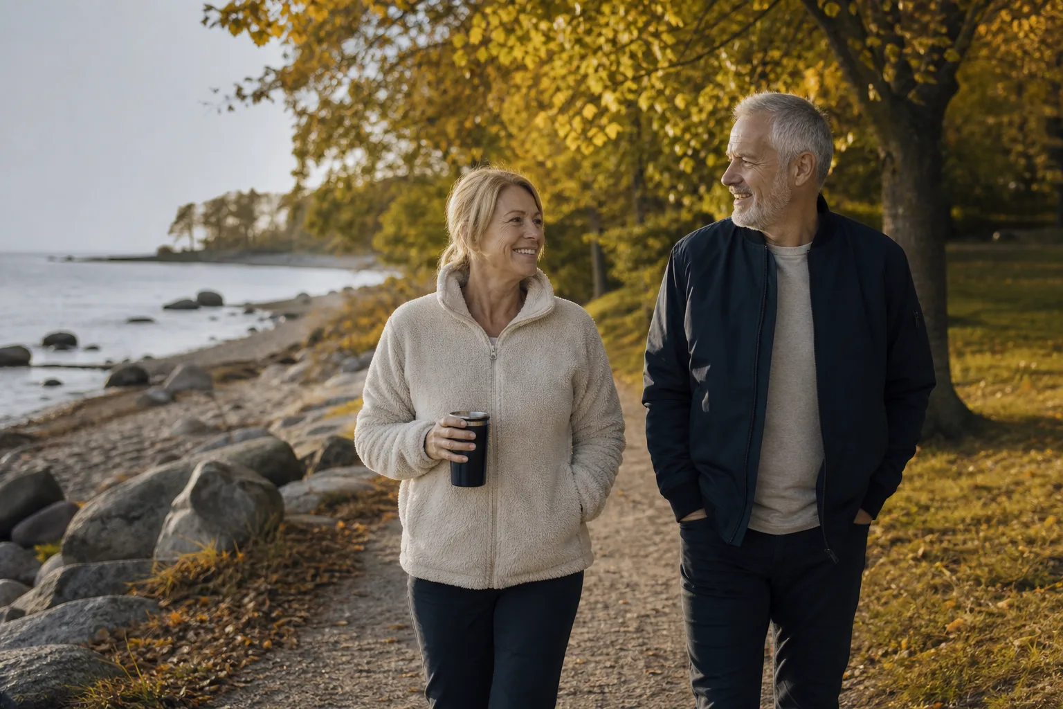 Två personer i sextioårsåldern promenerar sida vid sida längs en strandpromenad i septemberljus, den ena med en kaffemugg i handen