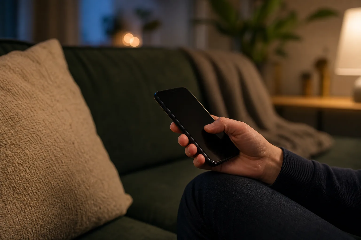 En hand håller en mobiltelefon i soffan hemma en kväll och trycker bestämt på skärmen