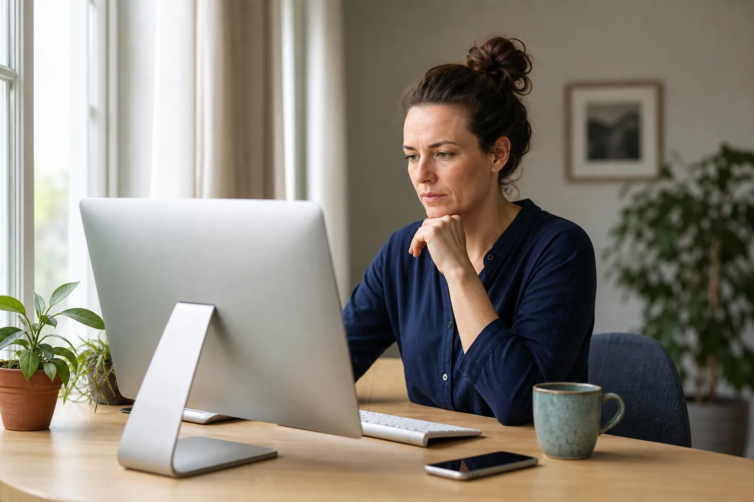 En person sitter vid ett skrivbord hemma på förmiddagen och granskar noga en profilbild på datorskärmen