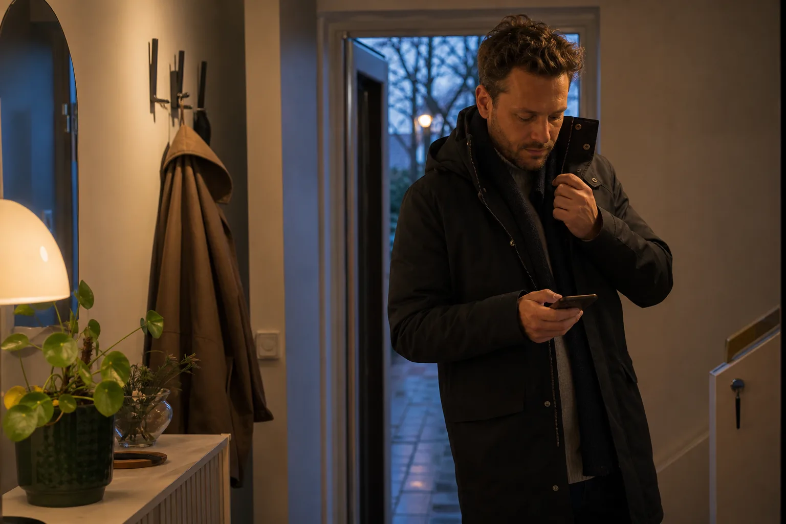 En person i tamburen tar på sig jackan och kontrollerar telefonen innan hen går ut för att träffa en dejt