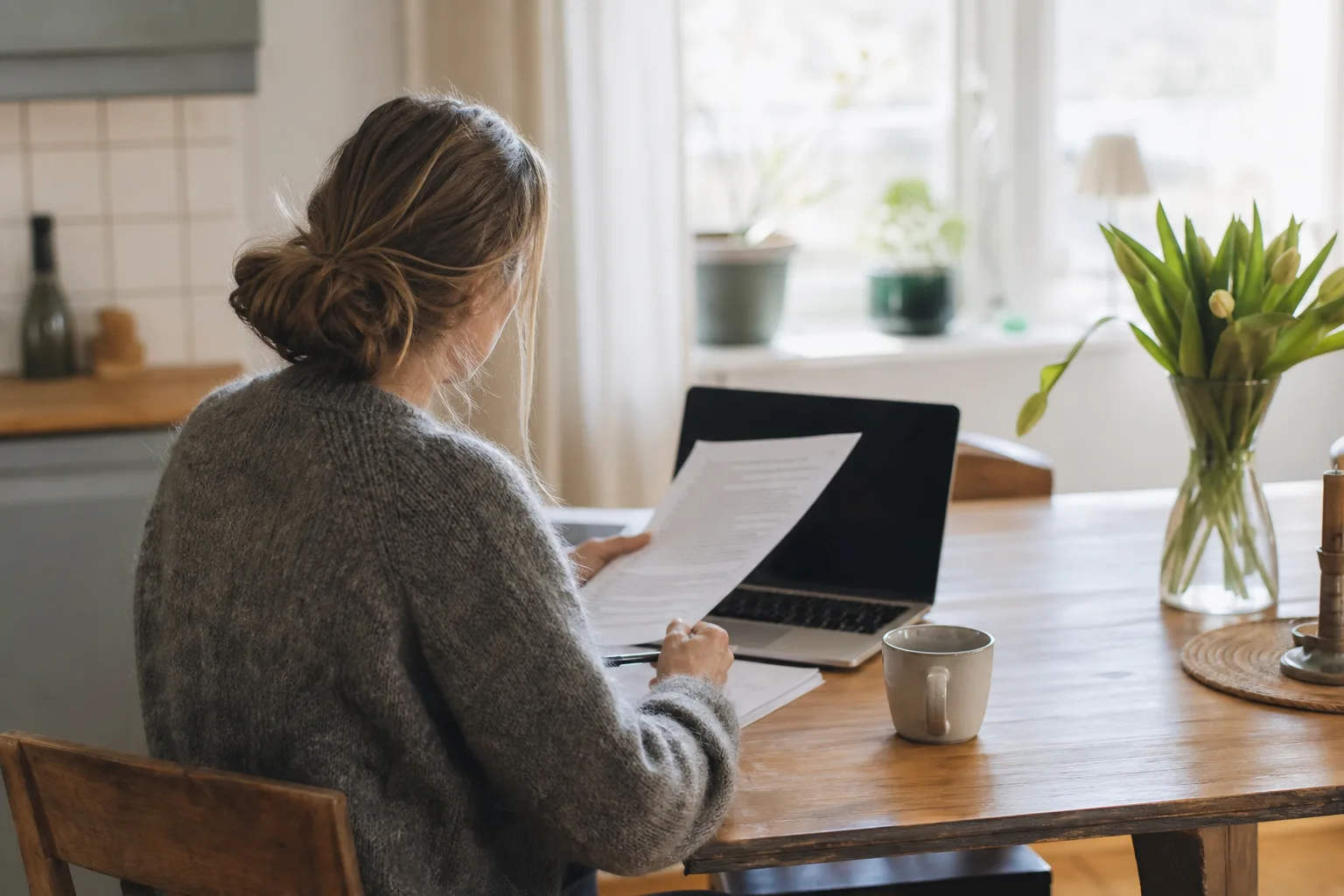 En person sitter vid köksbordet på förmiddagen och läser igenom villkoren på en bärbar dator med en kopp kaffe bredvid