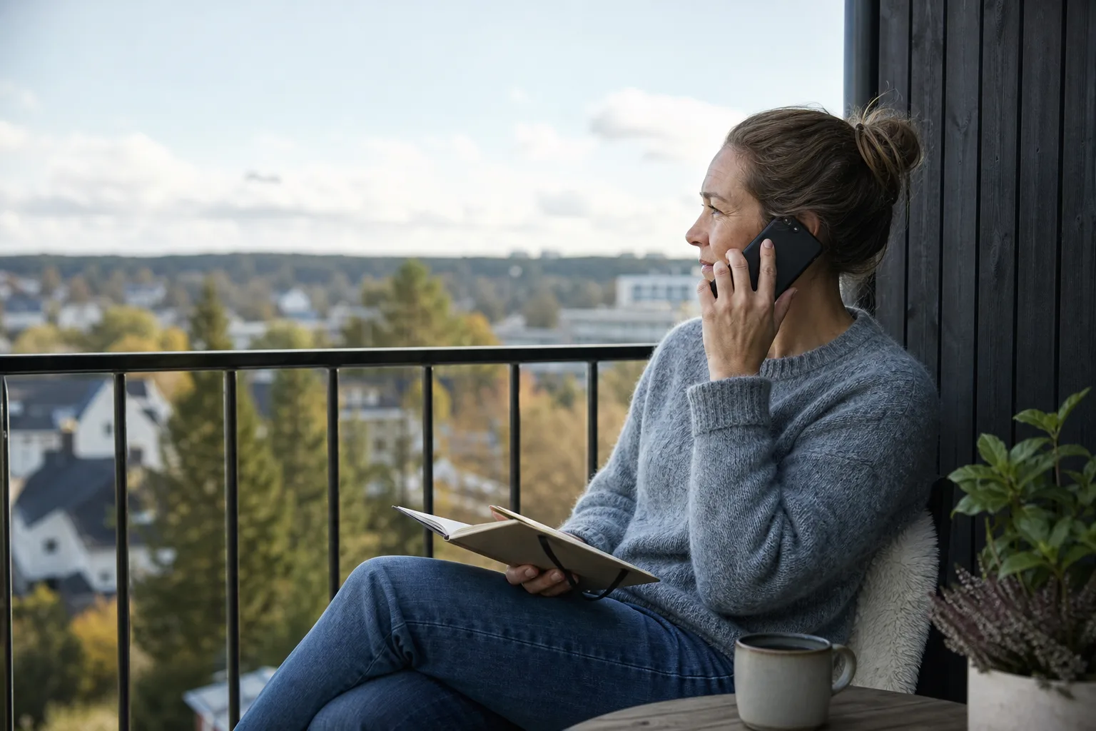En person står på balkongen en solig förmiddag med telefonen mot örat och ett anteckningsblock i andra handen